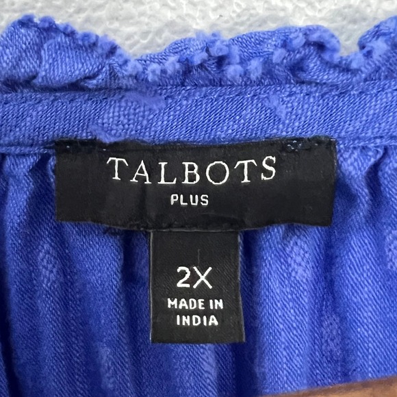 Talbots 2X Plus Blue Textured Smocked Blouse Cotton Viscose Coastal Swiss Dot - Picture 3 of 12